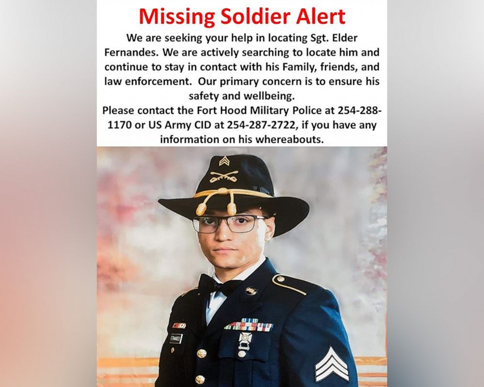 PHOTO: Missing Army Sgt. Elder Fernandes, 23, is pictured in a poster released by Fort Hood in Texas on Aug. 20, 2020.