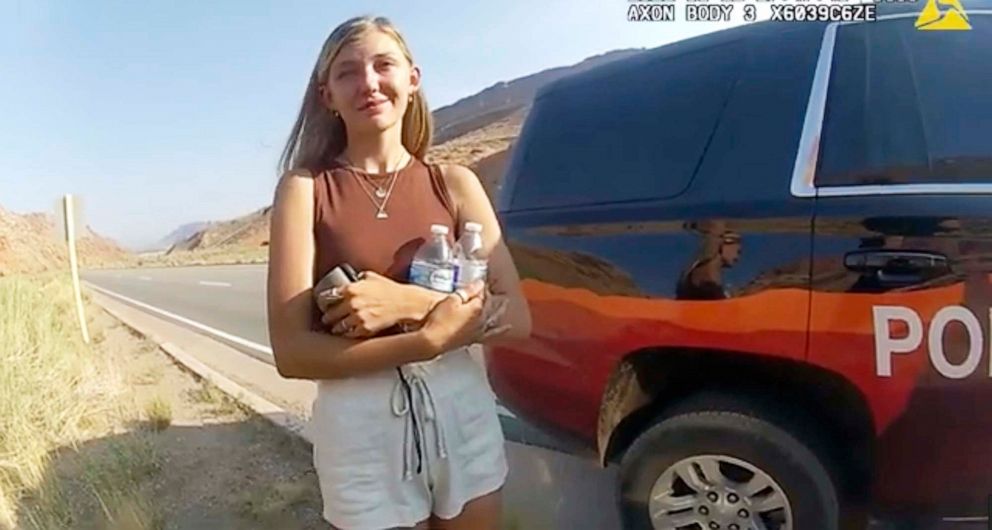 PHOTO: This screen grab from a video provided by the Moab Police Department shows Gabrielle Petito talking to an officer near the entrance to Arches National Park in Utah, Aug. 12, 2021. 