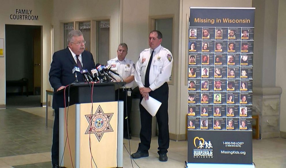 PHOTO: A poster showing people missing in Wisconsin is displayed during a press conference held by the Barron County Sheriff's Office nearly one year after Jayme Closs was abducted, Oct. 14, 2019.