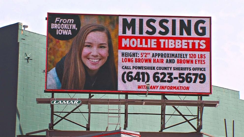 PHOTO: Missing Person billboard for University of Iowa student Mollie Tibbetts. 