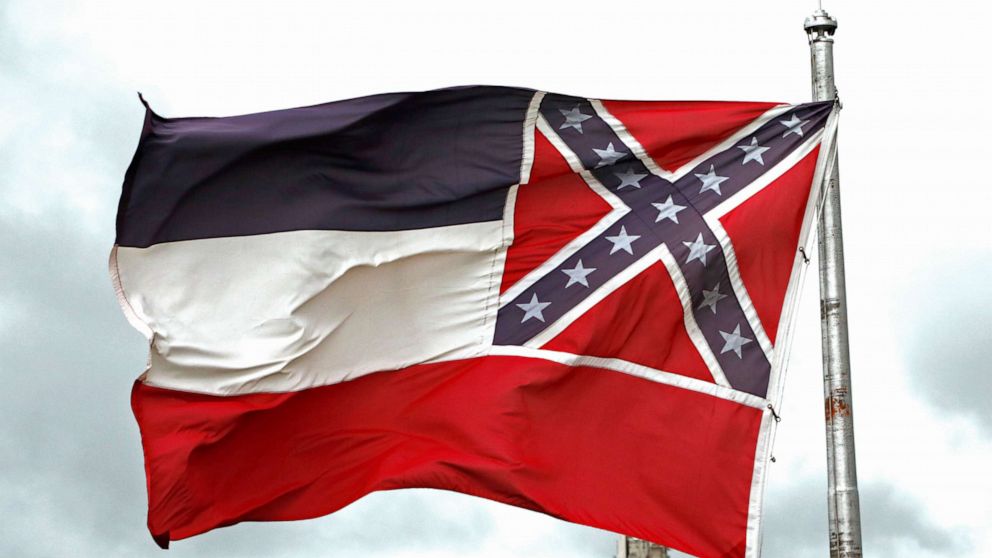 PHOTO: This June 25, 2020, file photo shows a Mississippi state flag flying outside the Capitol in Jackson, Miss. 