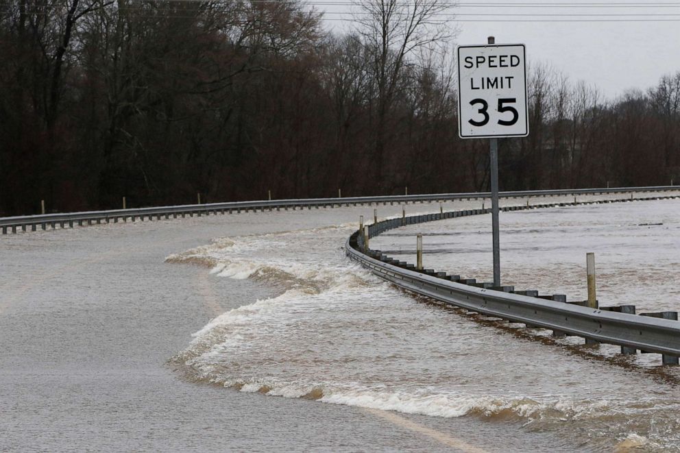 PHOTO: Strong currents from the swollen Pearl River flood over the Old Brandon Road Bridge in Jackson, Miss., Feb. 16, 2020.