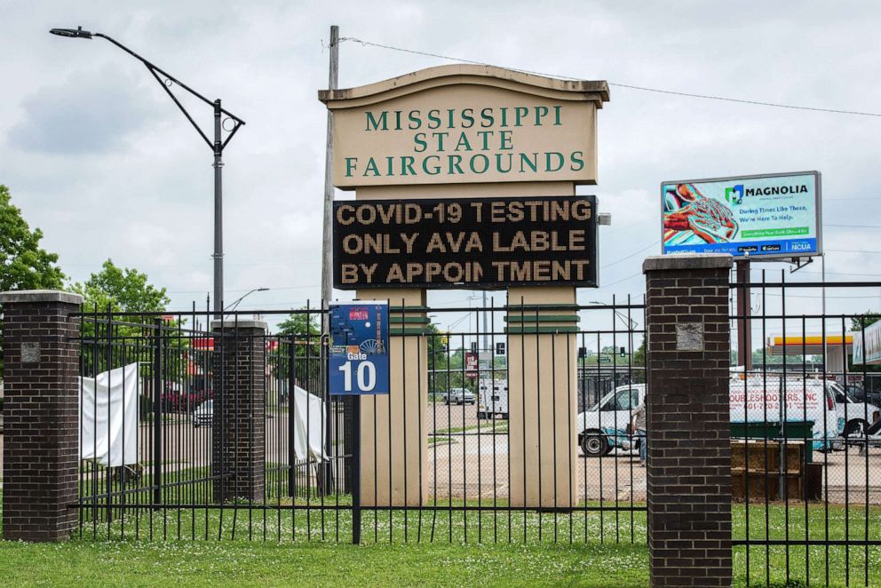 PHOTO: A COVID-19 testing sign is displayed at the Mississippi State Fairgrounds in Jackson, Miss., April 8, 2020. 