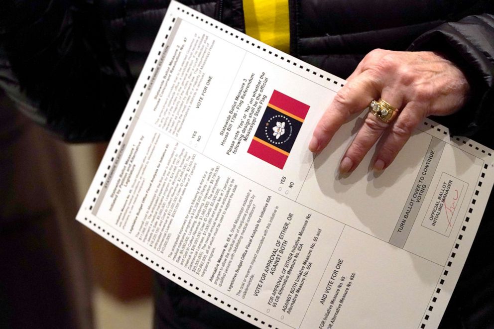 PHOTO: A voter holds a ballot during Election Day in Ridgeland, Miss, on Nov. 3, 2020. In addition to the presidential race and the U.S. Senate race, the  electorate also voted on a few more initiatives, including one of two medical marijuana initiatives.