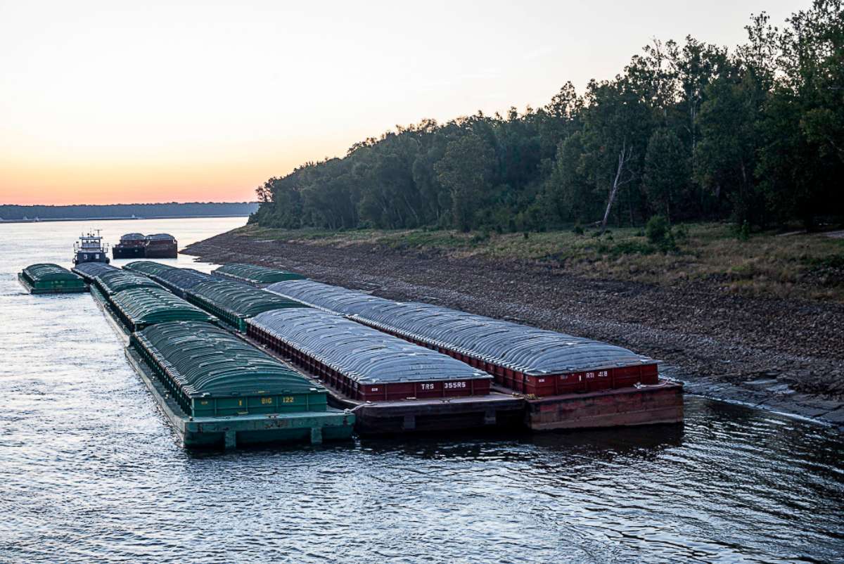 PHOTO: Barges idle while waiting for passage in the Mississippi River near Vicksburg, Miss., on Oct. 4, 2022. 