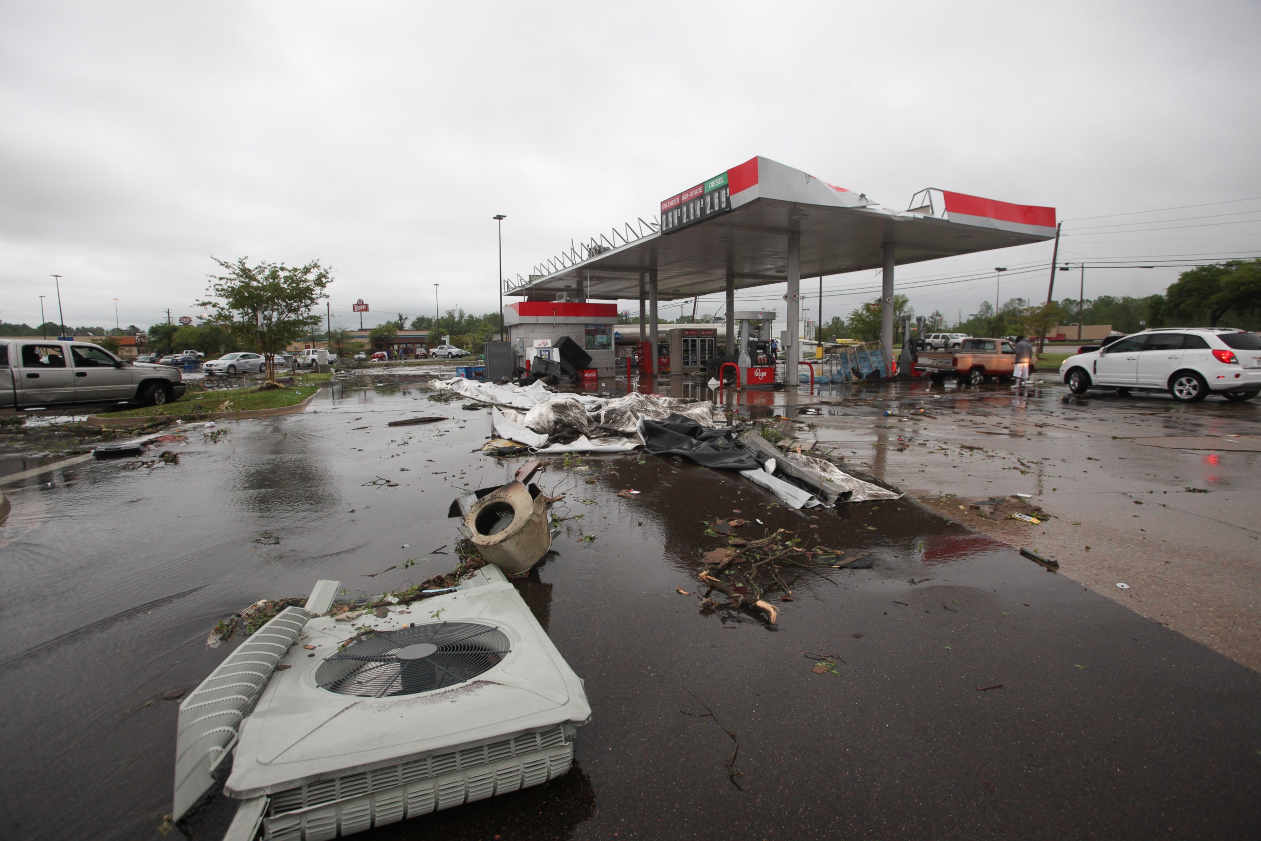 PHOTO: A gas station is damaged following severe weather, Saturday, April 13, 2019 in Vicksburg, Miss. Authorities say a possible tornado has touched down in western Mississippi, causing damage to several businesses and vehicles.