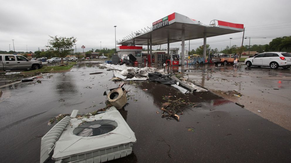 PHOTO: A gas station is damaged following severe weather, Saturday, April 13, 2019 in Vicksburg, Miss. Authorities say a possible tornado has touched down in western Mississippi, causing damage to several businesses and vehicles.