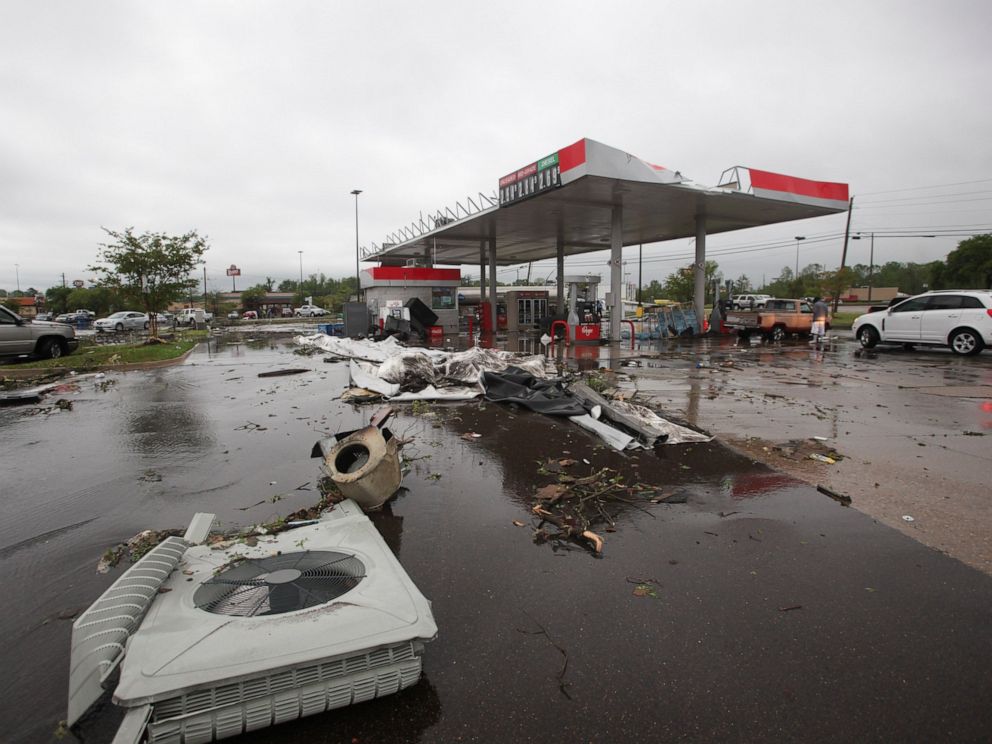 PHOTO: A gas station is damaged following severe weather, Saturday, April 13, 2019 in Vicksburg, Miss. Authorities say a possible tornado has touched down in western Mississippi, causing damage to several businesses and vehicles.