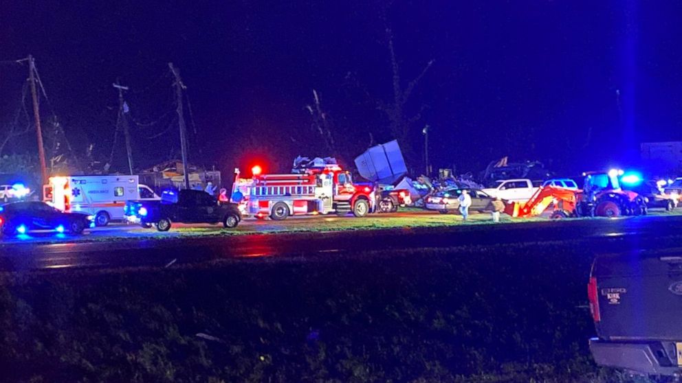 PHOTO: First responder vehicles at the scene where a tornado touched down in Silver City, Mississippi, in a photo shared by the Mississippi Highway Patrol on Friday, March 24, 2023.