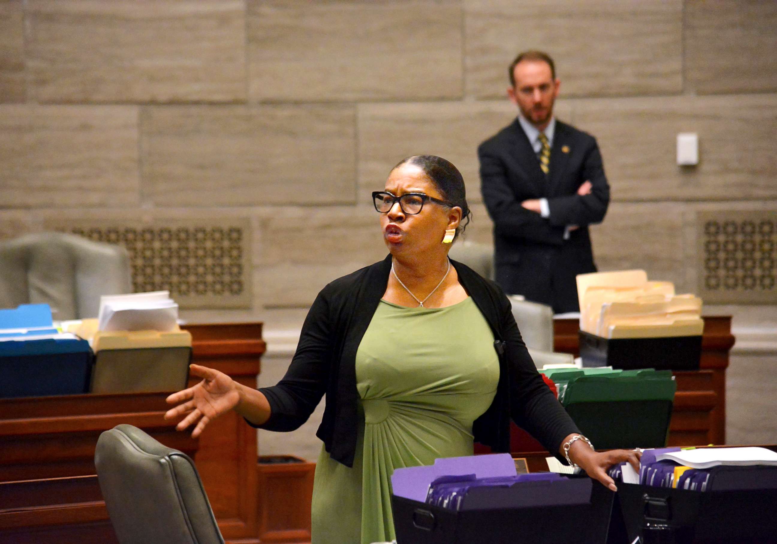 PHOTO:During debate in the Missouri Senate in Jefferson City on Wednesday, May 15, 2019, Freshman senator, Karla May, makes a point regarding Missouri's proposed new abortion law.