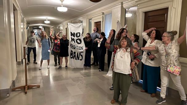 People in support of abortion rights protest outside the Missouri Senate chamber after the Senate voted to approve a referendum seeking to repeal an abortion-rights amendment, May 14, 2025, in Jefferson City, Mo.