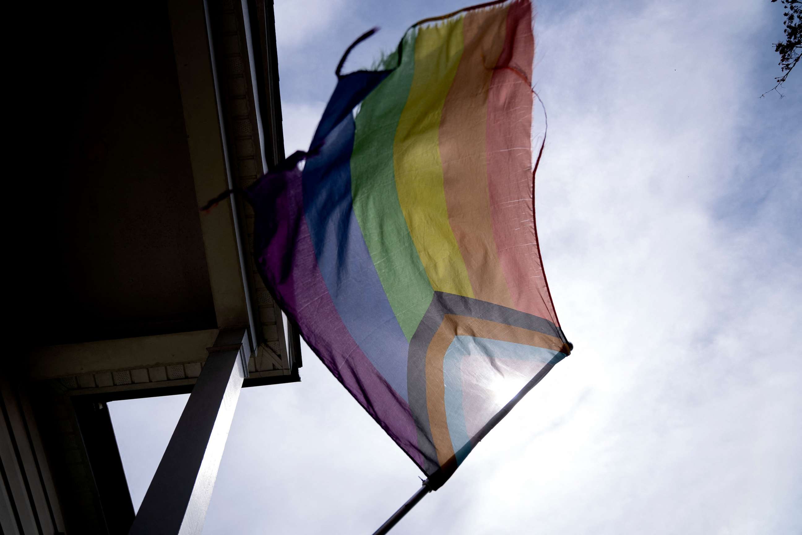 PHOTO: An LGBTQ pride flag is displayed outside a home in Alexandria, Virginia, on April 11, 2022. 