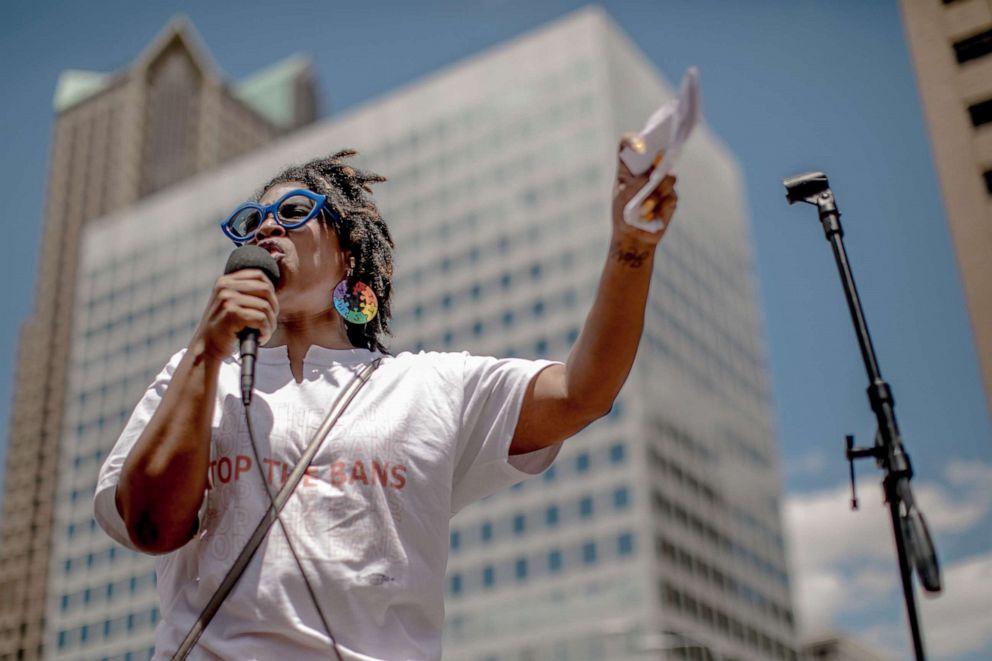 PHOTO: Planned Parenthood's Kawanna Shannon speaks during a rally to protest the closure of the last abortion clinic in Missouri, May 30, 2019, in St Louis.