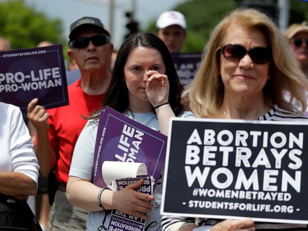 PHOTO: Anti-abortion supporters gather outside the Planned Parenthood clinic Tuesday, June 4, 2019, in St. Louis.