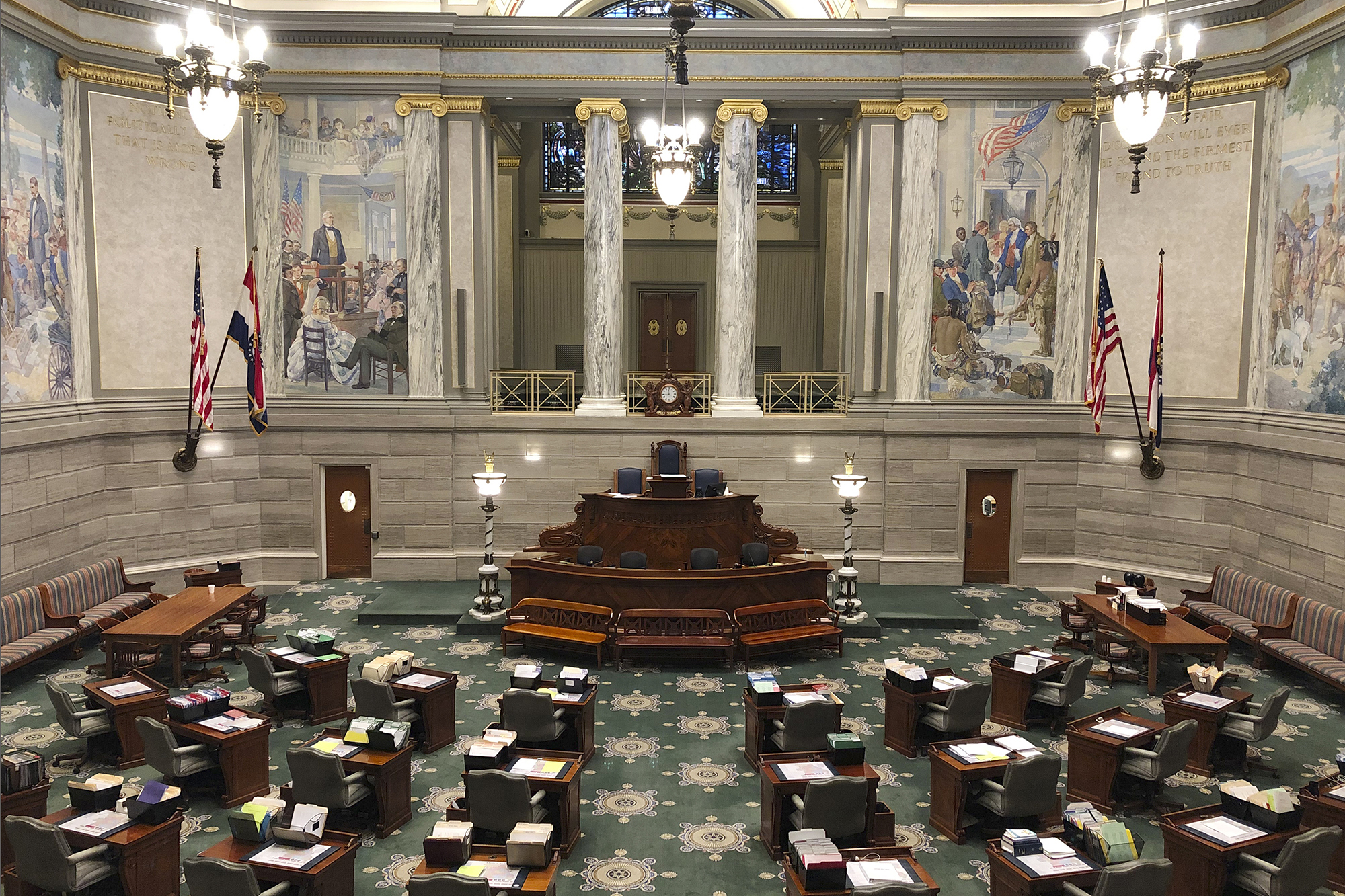 PHOTO: The Missouri Senate chamber sits empty in Jefferson, Mo., March 12, 2020.