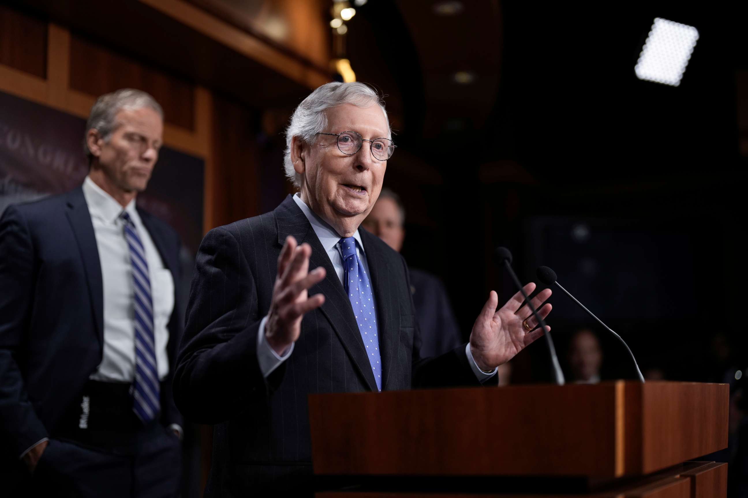 PHOTO: Senate Minority Leader Mitch McConnell, meets with reporters after being re-elected to his role as Senate Republican leader, Nov. 16, 2022, in Washington.