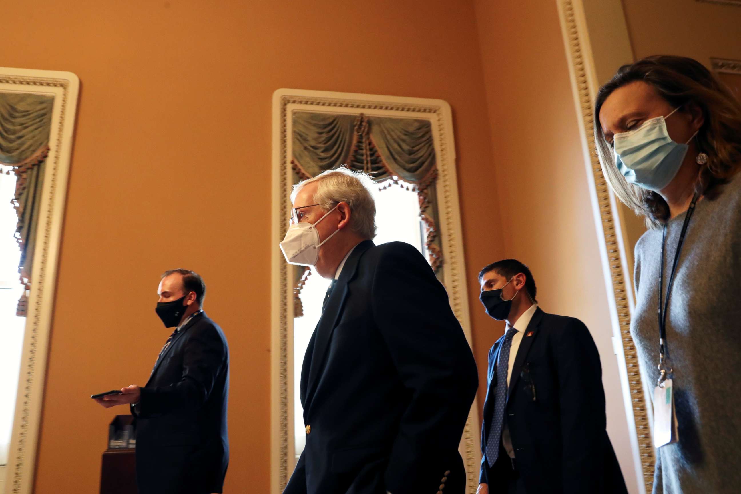 PHOTO: Senate Majority Leader Mitch McConnell leaves the Senate floor on Capitol Hill in Washington, D.C., Dec. 29, 2020.