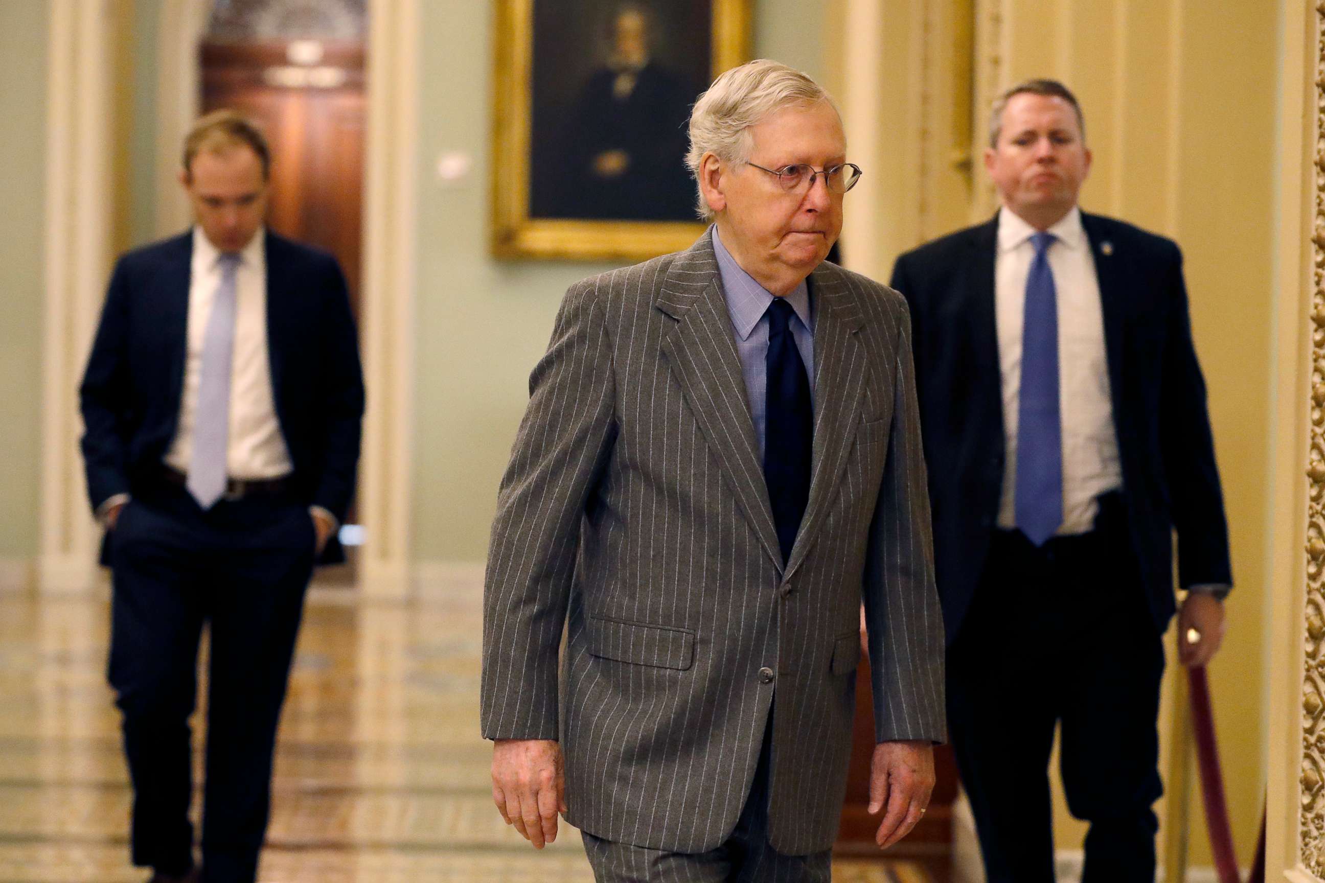 PHOTO: Senate Majority Leader Mitch McConnell arrives at the Capitol, in Washington, Jan. 15, 2020.