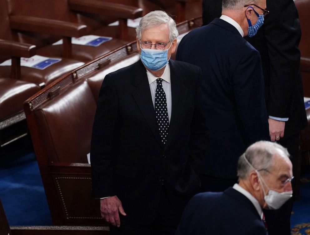 PHOTO: In this Jan. 6, 2021, file photo, Senate Majority Leader Mitch McConnell arrives for the Electoral College vote certification for President-elect Joe Biden, during a joint session of Congress at the U.S. Capitol in Washington, D.C.