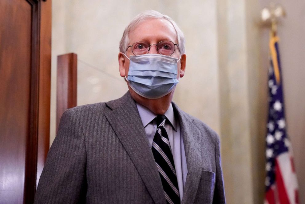 PHOTO: Senate Majority Leader Mitch McConnell walks through the U.S. Capitol in Washington, DC., Dec. 16, 2020.