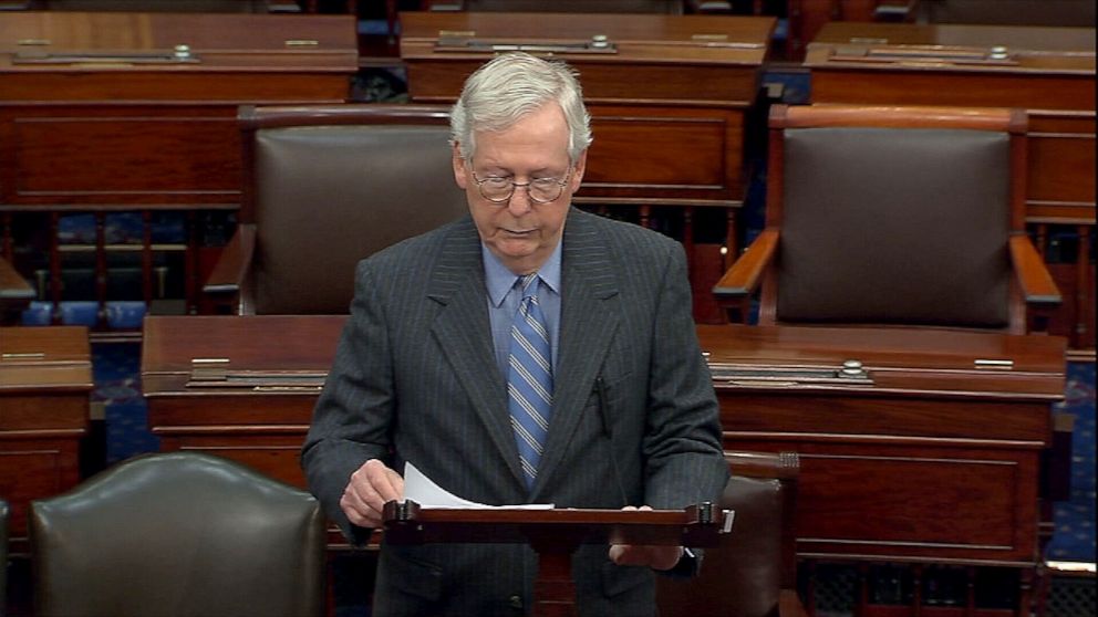 PHOTO: Senator Mitch McConnell speaks on the Senate floor at the Capitol building, Jan. 18, 2022, in Washington, D.C.