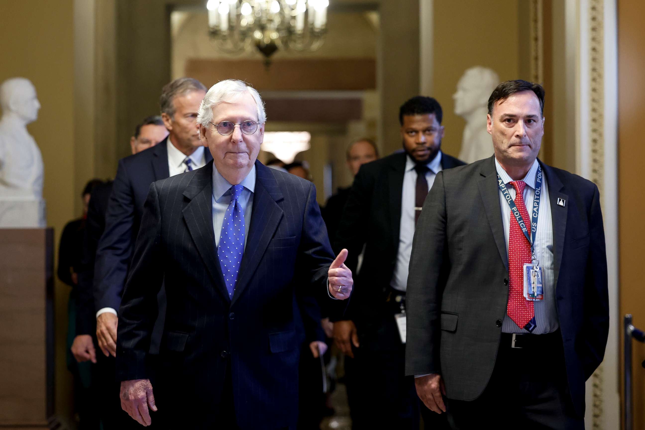 PHOTO: Senate Minority Leader Mitch McConnell gives a thumbs up as he leaves a meeting with Senate Republicans at the U.S. Capitol, Nov. 16, 2022, in Washington.