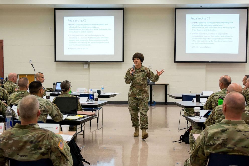 PHOTO: Maj. Gen. Miyako Schanely, commanding general, 416th Theater Engineer Command (TEC), addresses Soldiers and civilians of the 416th during the Readiness Huddle, September 14, 2018, Darien, Ill. 