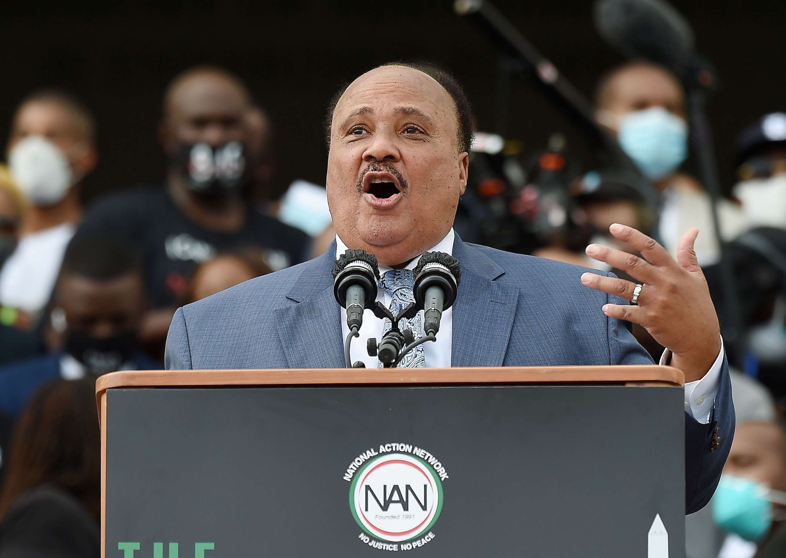 PHOTO: Human Rights Advocate Martin Luther King III speaks at the Lincoln Memorial during the"Commitment March: Get Your Knee Off Our Necks," Aug. 28, 2020, in Washington D.C.