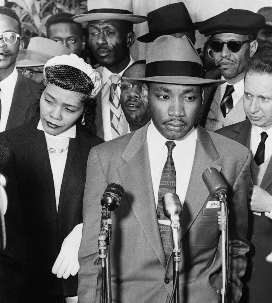 PHOTO: An undated photo shows Martin Luther King, Jr., and his wife Coretta Scott King, left, speaking to reporters on the steps of the Montgomery County Court House in Montgomery City, Miss.