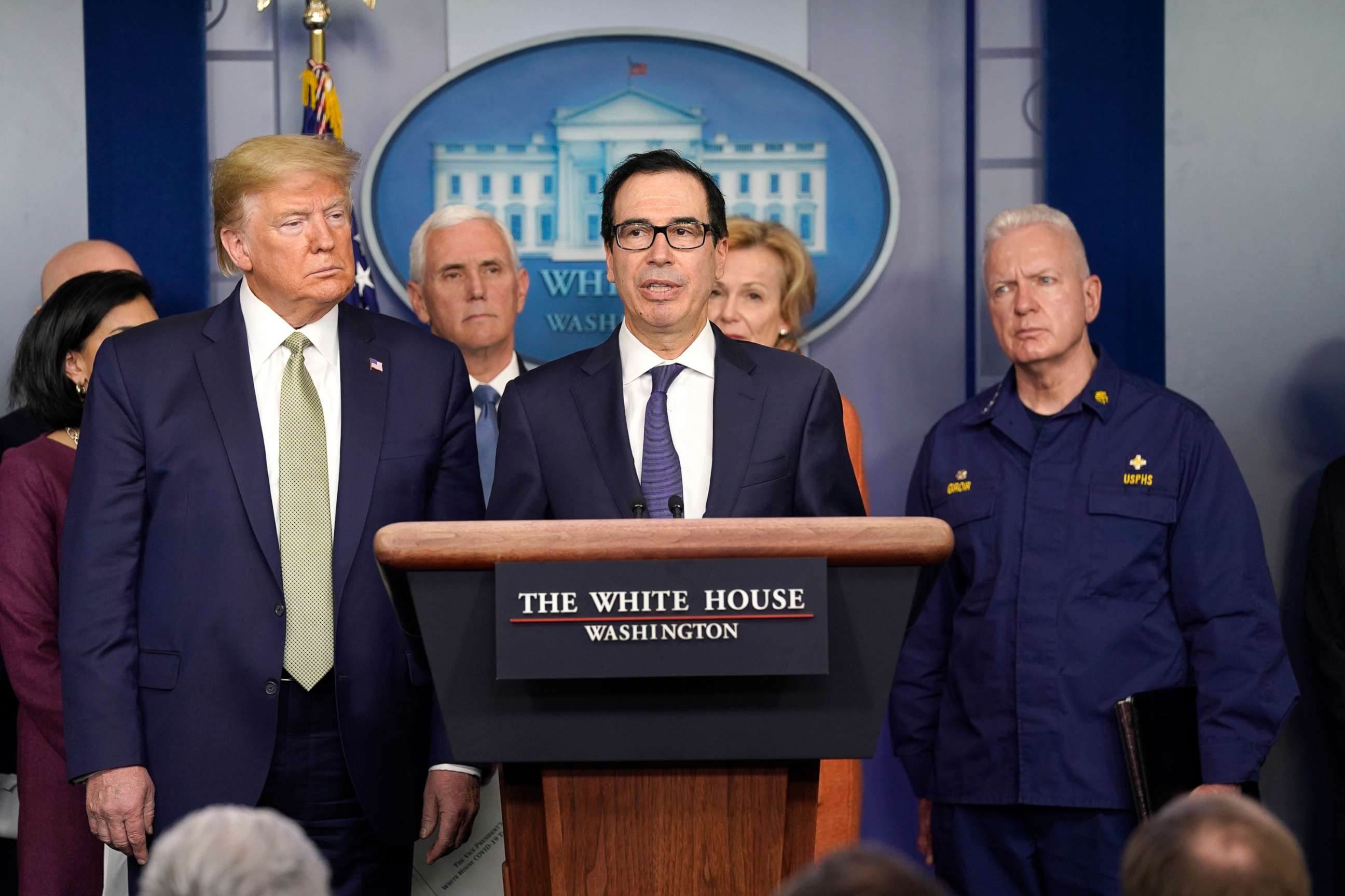 PHOTO: Treasury Secretary Steven Mnuchin speaks during a press briefing with the coronavirus task force, at the White House, March 17, 2020. 