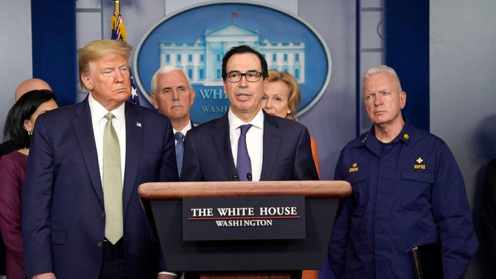 PHOTO: Treasury Secretary Steven Mnuchin speaks during a press briefing with the coronavirus task force, at the White House, March 17, 2020. 