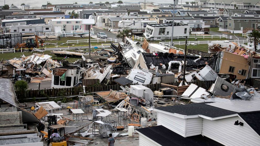 PHOTO: Mobile homes are upended and debris is strewn about at the Holiday Trav-l Park, Sept. 5, 2019, in Emerald Isle, N.C, after a possible tornado generated by Hurricane Dorian struck the area.
