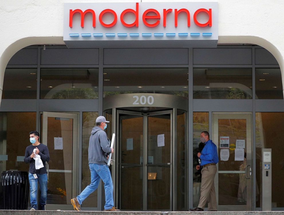 PHOTO: A sign marks the headquarters of Moderna, an American biotechnology company that is developing a vaccine against COVID-19, in Cambridge, Massachusetts, on May 18, 2020.