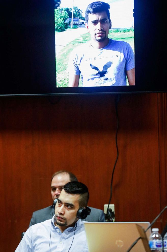 PHOTO: A photo of Cristhian Bahena Rivera taken by Poweshiek County Sheriff's Office investigator Steve Kivi is seen on a video monitor as Bahena Rivera listens to testimony during his trial at the Scott County Courthouse in Davenport, Iowa, May 20, 2021.