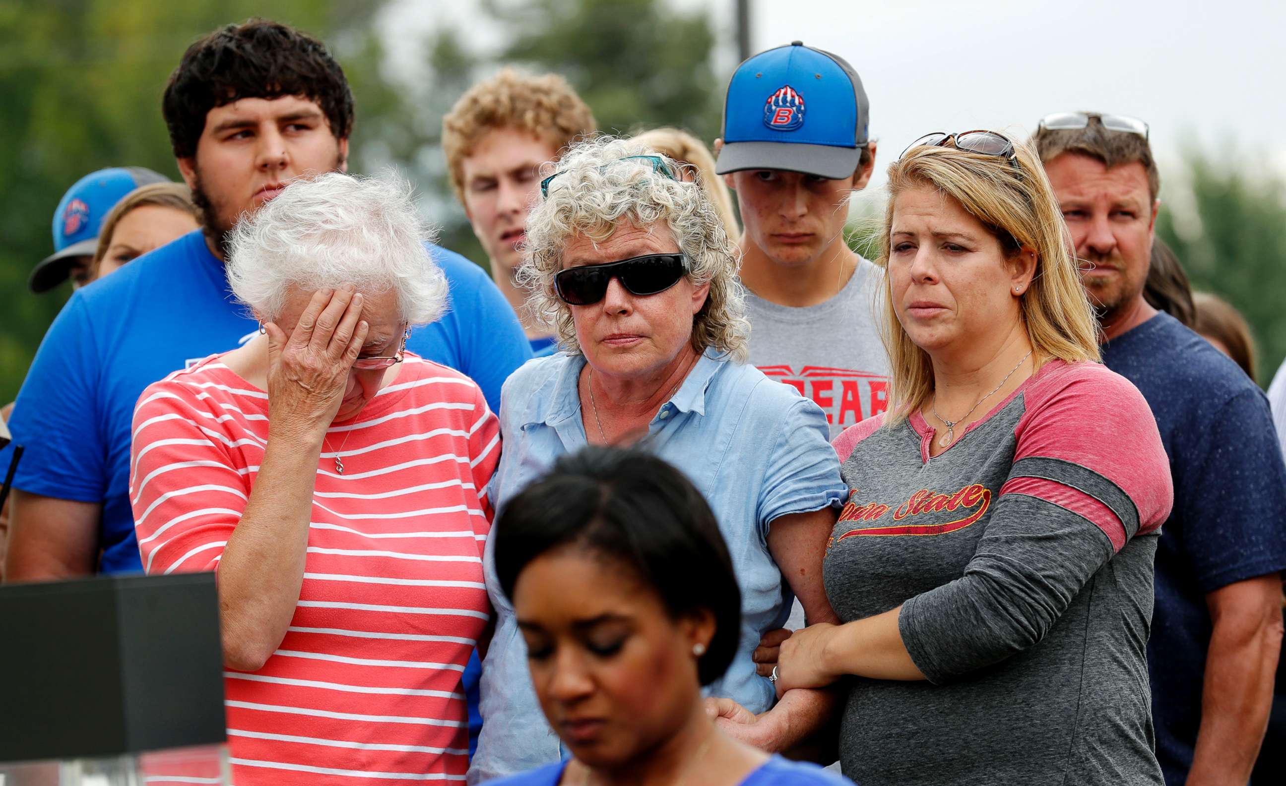 PHOTO: Friends and family of missing University of Iowa student Mollie Tibbetts react during a news conference, Aug. 21, 2018, in Montezuma, Iowa.