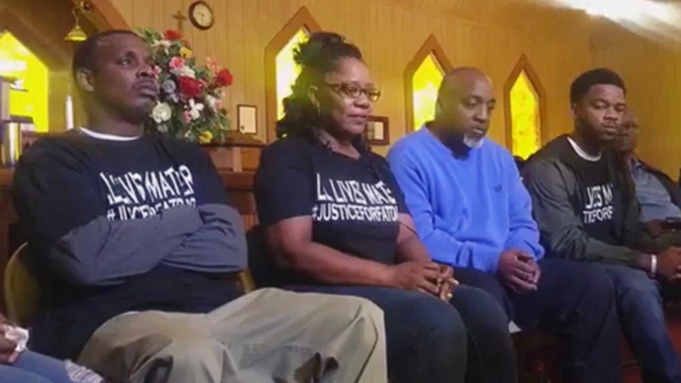 PHOTO: Angela Williams, center, talks to members of the press at the St. Paul AME Church near Troy, Ala., regarding her son, Ulysses Wilkerson, who was hospitalized following an arrest by members of the Troy police force.