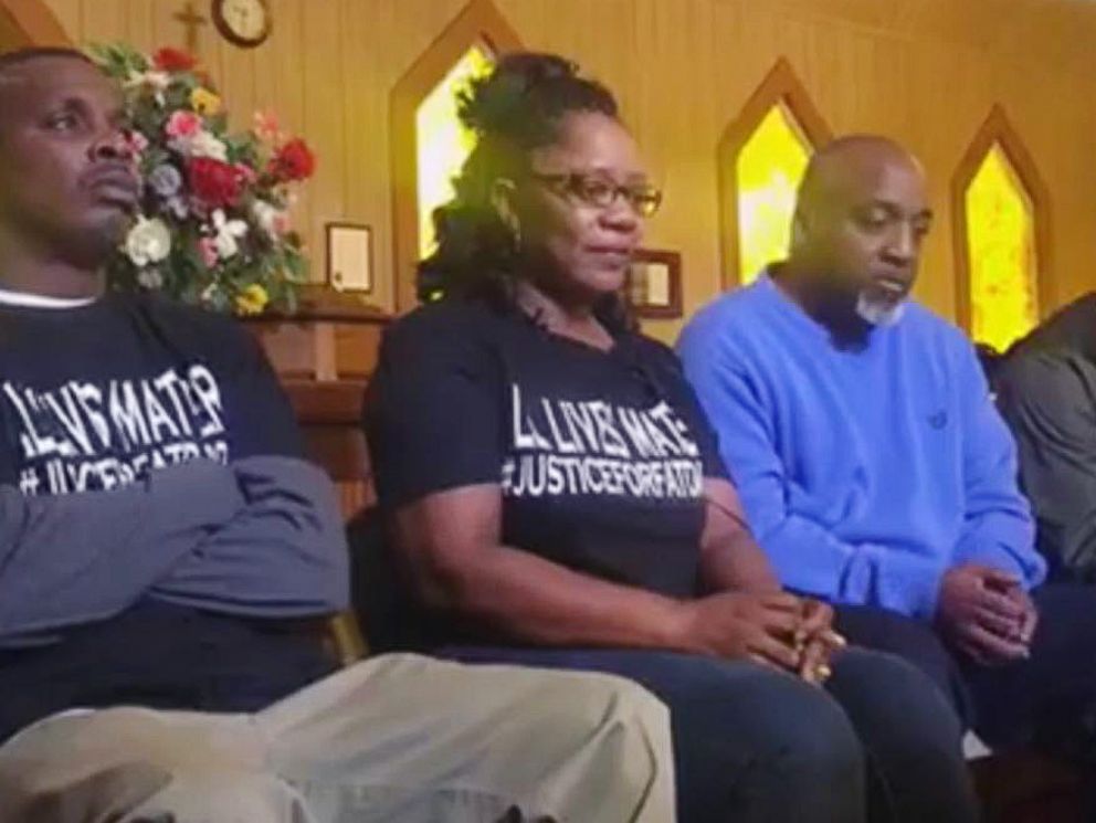 PHOTO: Angela Williams, center, talks to members of the press at the St. Paul AME Church near Troy, Ala., regarding her son, Ulysses Wilkerson, who was hospitalized following an arrest by members of the Troy police force.