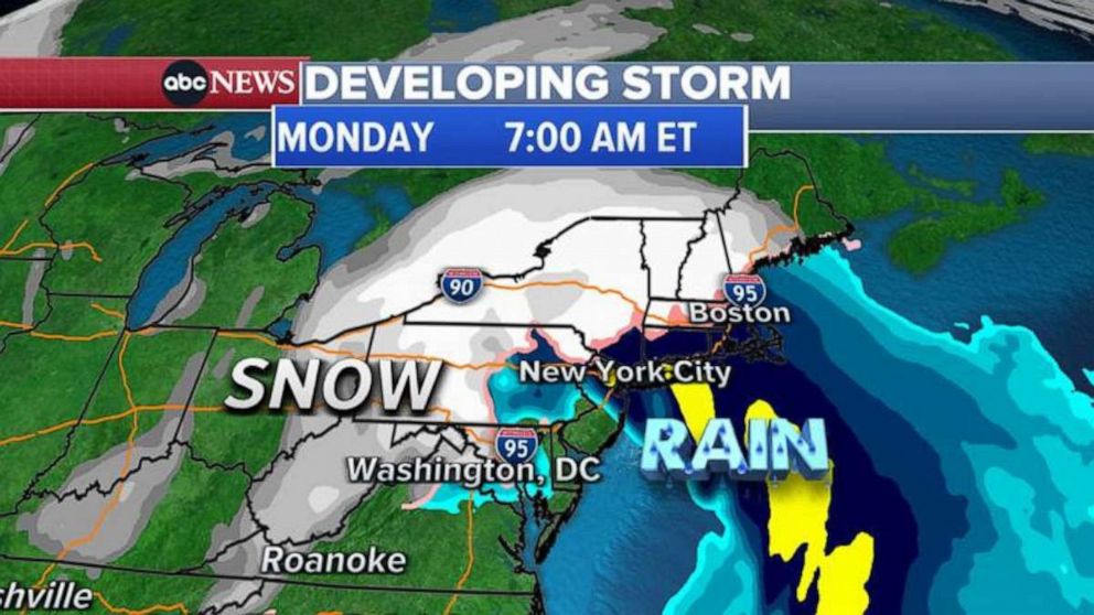 PHOTO: ABC News Developing Storm Alert map for Monday, 7:00AM ET.