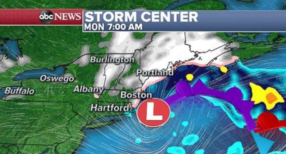 PHOTO: The storm will be moving off the Northeast coast by Monday, but delivering some trailing snow to northern New England.