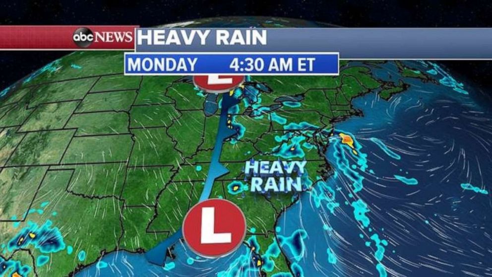 PHOTO: Heavy rain is moving northeast on Monday.