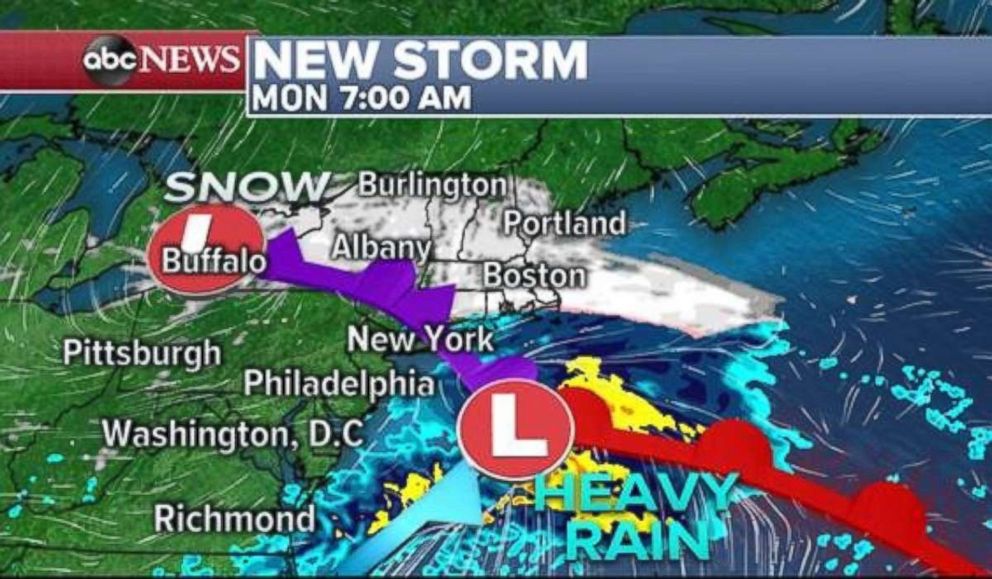 PHOTO: Snow will fall in northern New York and New England on Monday morning, while the I-95 cities will mostly see rain.