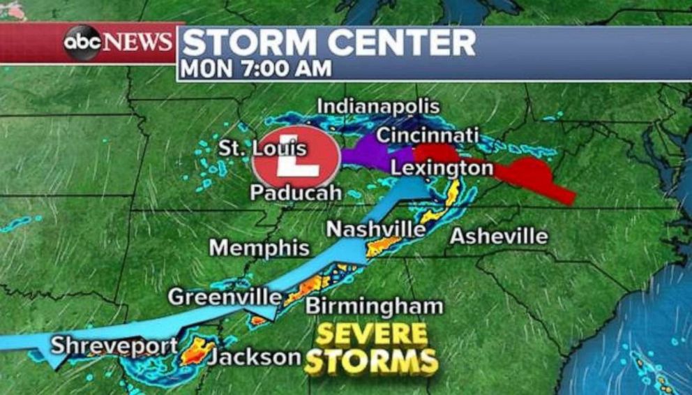 PHOTO: Severe storms will move into the Deep South and Tennessee River Valley on Monday morning.