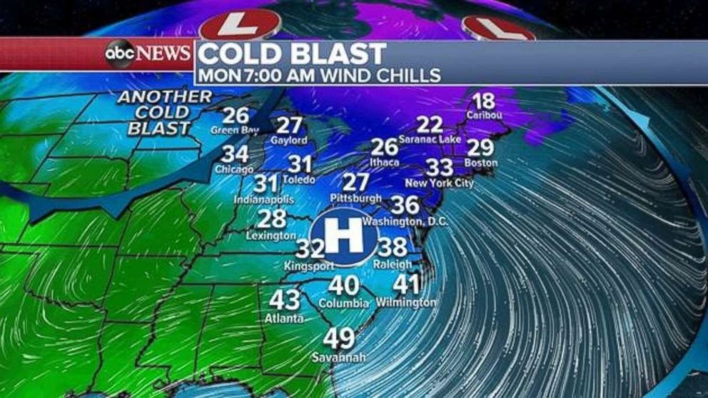 PHOTO: Wind chills will be even colder on Monday morning in the Northeast.