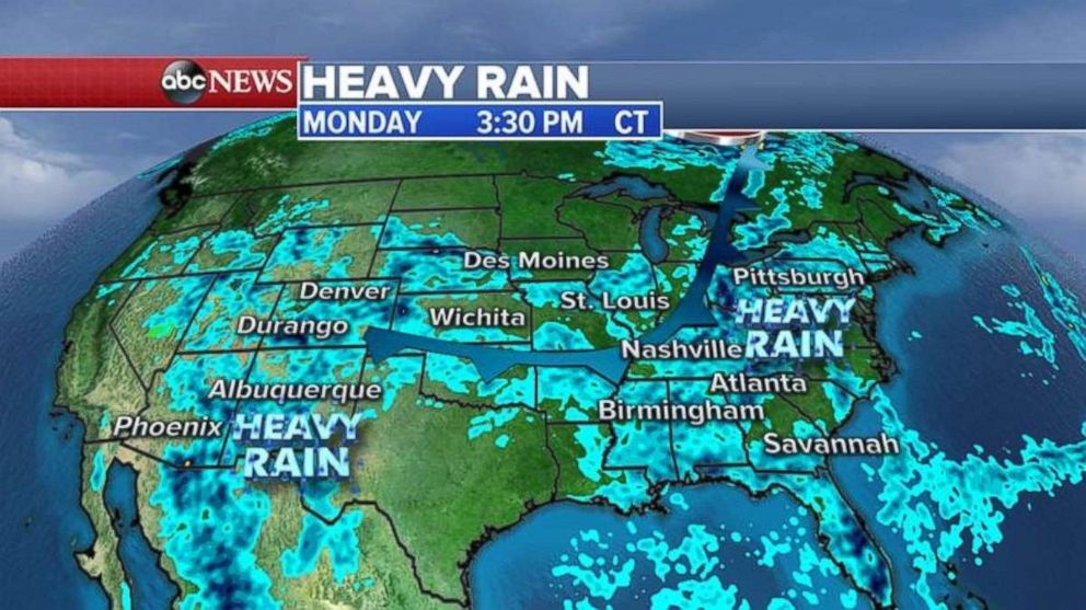 Heavy rain will fall in the Midwest and Southwest on Monday afternoon.