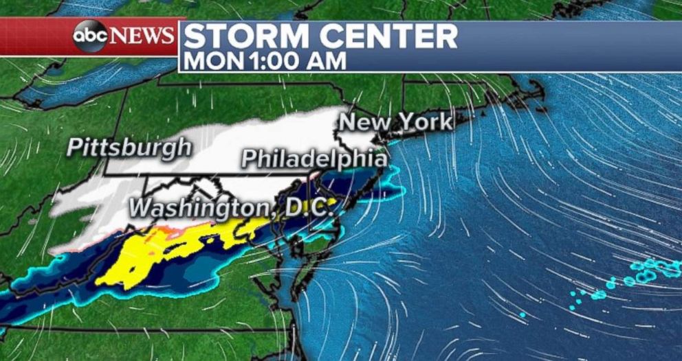 The storm will move into the Northeast overnight into Monday morning.