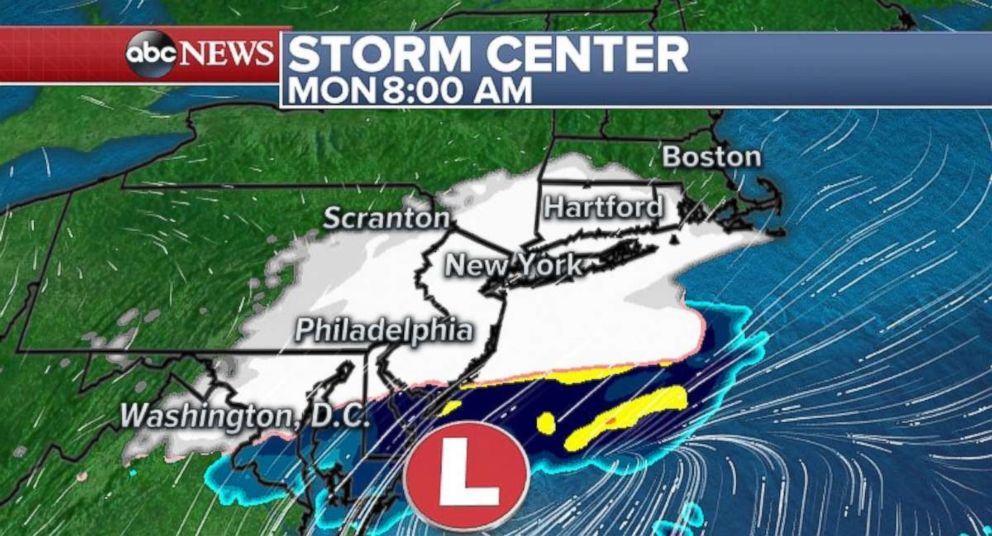 Snow will fall in the Northeast during the Monday morning commute.