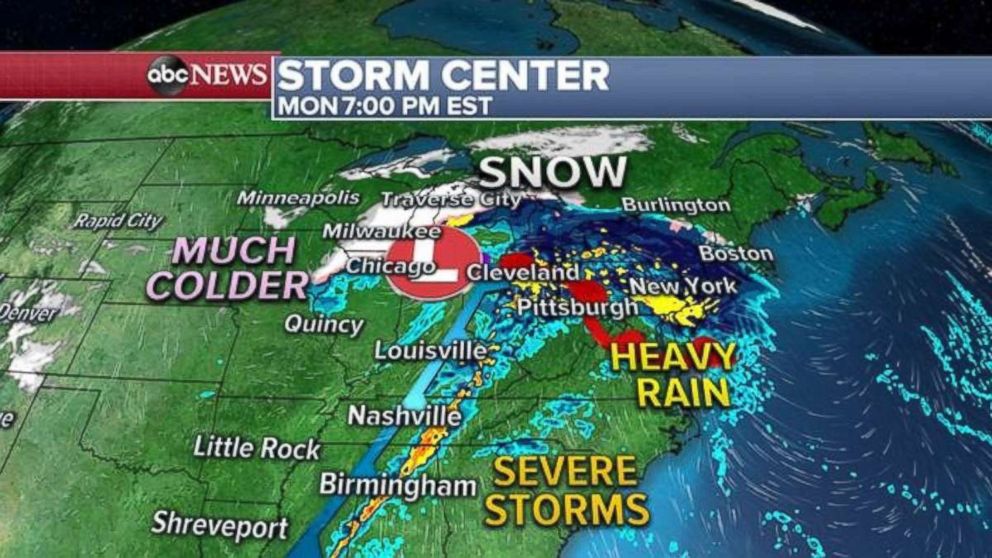 PHOTO: Heavy rain will move into the Northeast on Monday night with severe storms in the Tennessee River Valley.