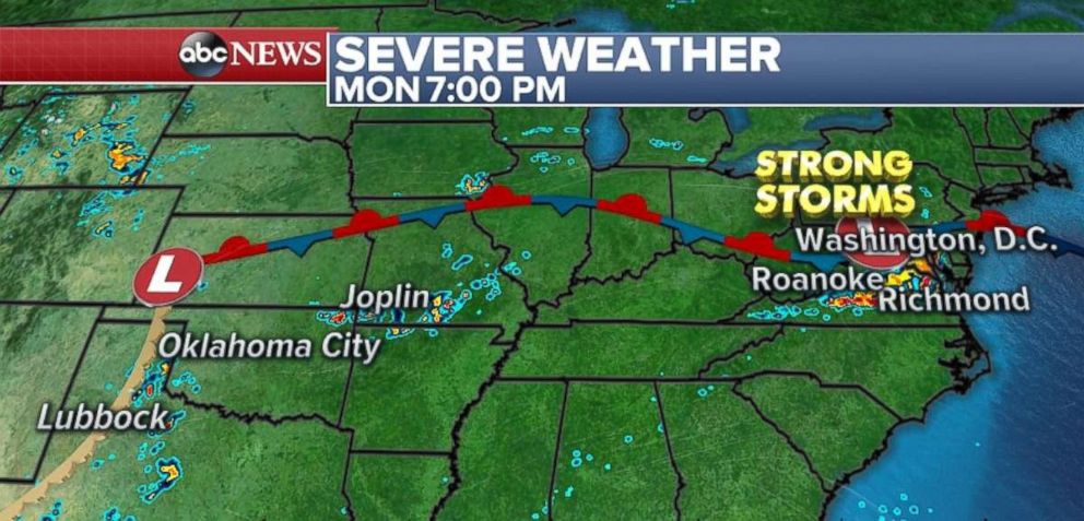 Strong storms will move into the mid-Atlantic on Monday night.
