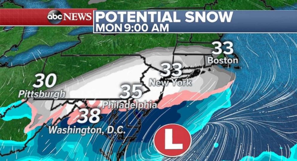 Snow will cover the major I-95 cities during the Monday morning commute, though not much accumulation is expected.