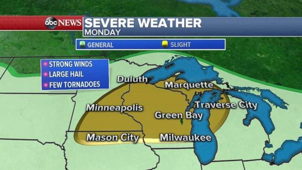 A chance for severe weather exists over much of Wisconsin and the Upper Peninsula of Michigan on Monday.